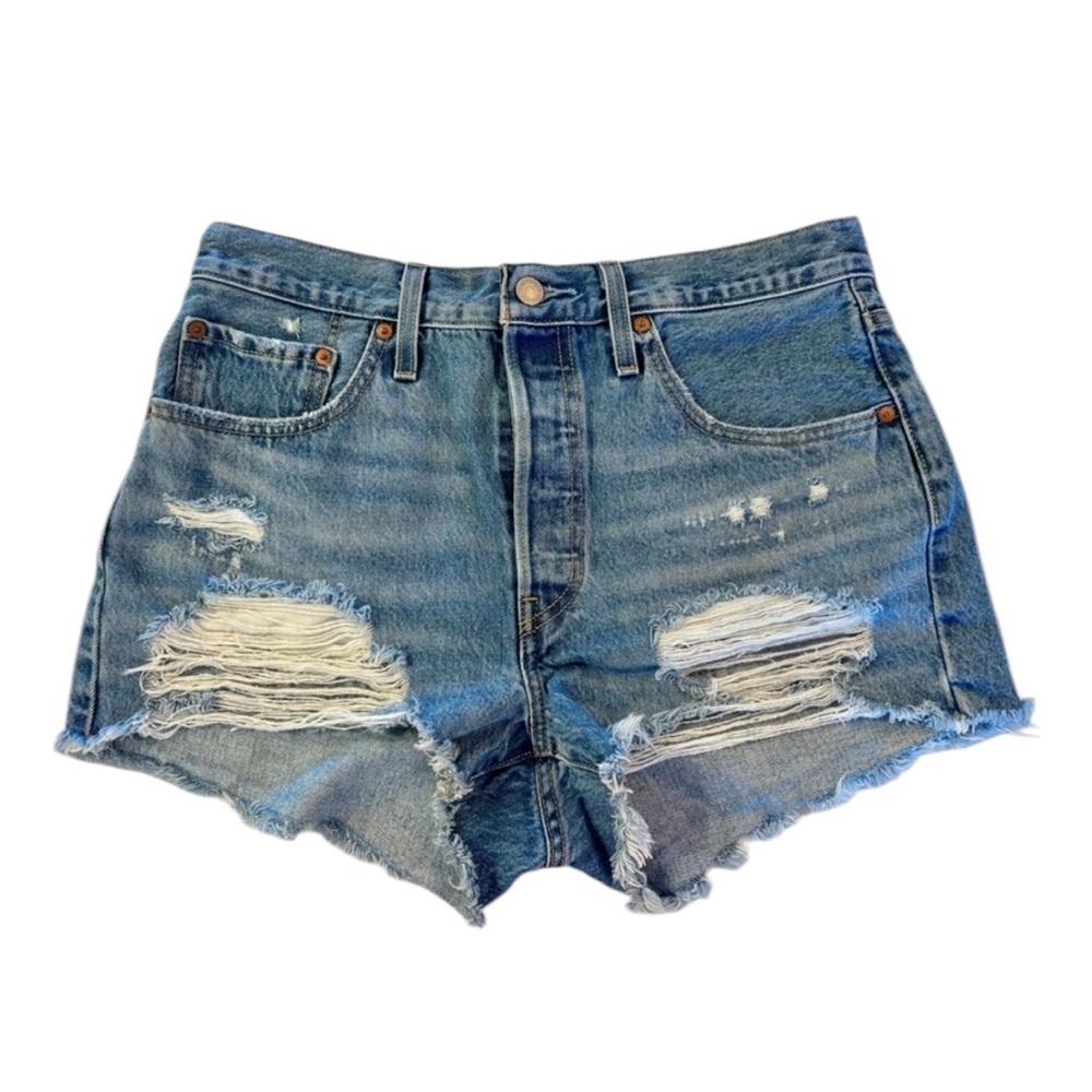 Levi’s 501 Womens Original Distressed Button Fly Denim Shorts High Rise waist 30